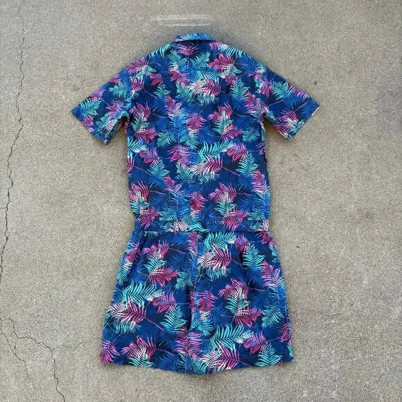 Zesties Romper Mens L Tropical Leaf Print Short Sleeve Blue Pink Green Summer - Picture 4 of 9